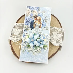 Oryginalna, ręcznie robiona kartka ślubna. Błękitna kartka na ślub z personalizacją w cenie. Ręcznie robione kartki scrapbooking.